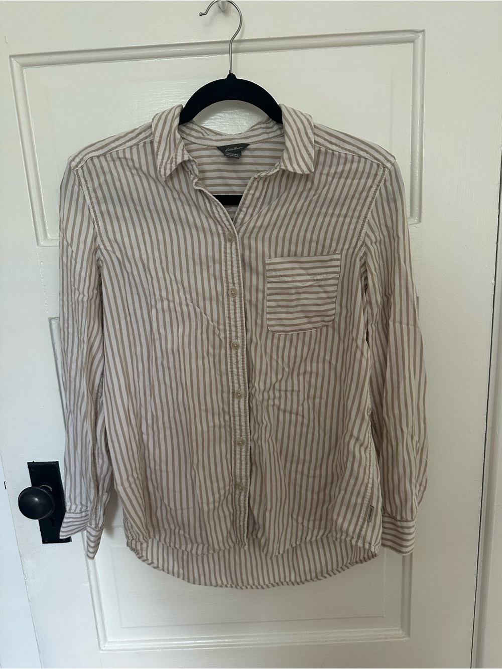 Eddie Bauer Cream and White Striped Button-Down Shirt